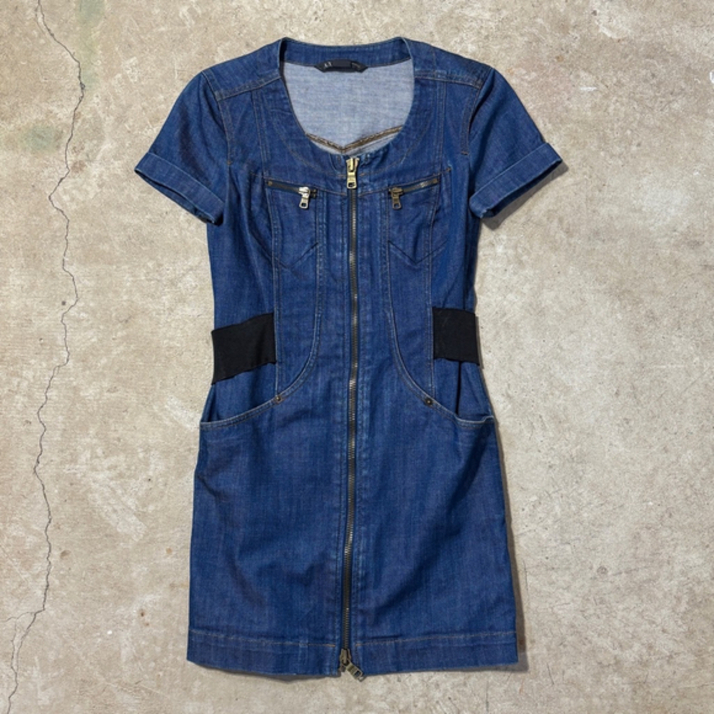 Armani Exchange Jean Denim Dress Blue Women’s Size 0 Gold Stitching Zippers